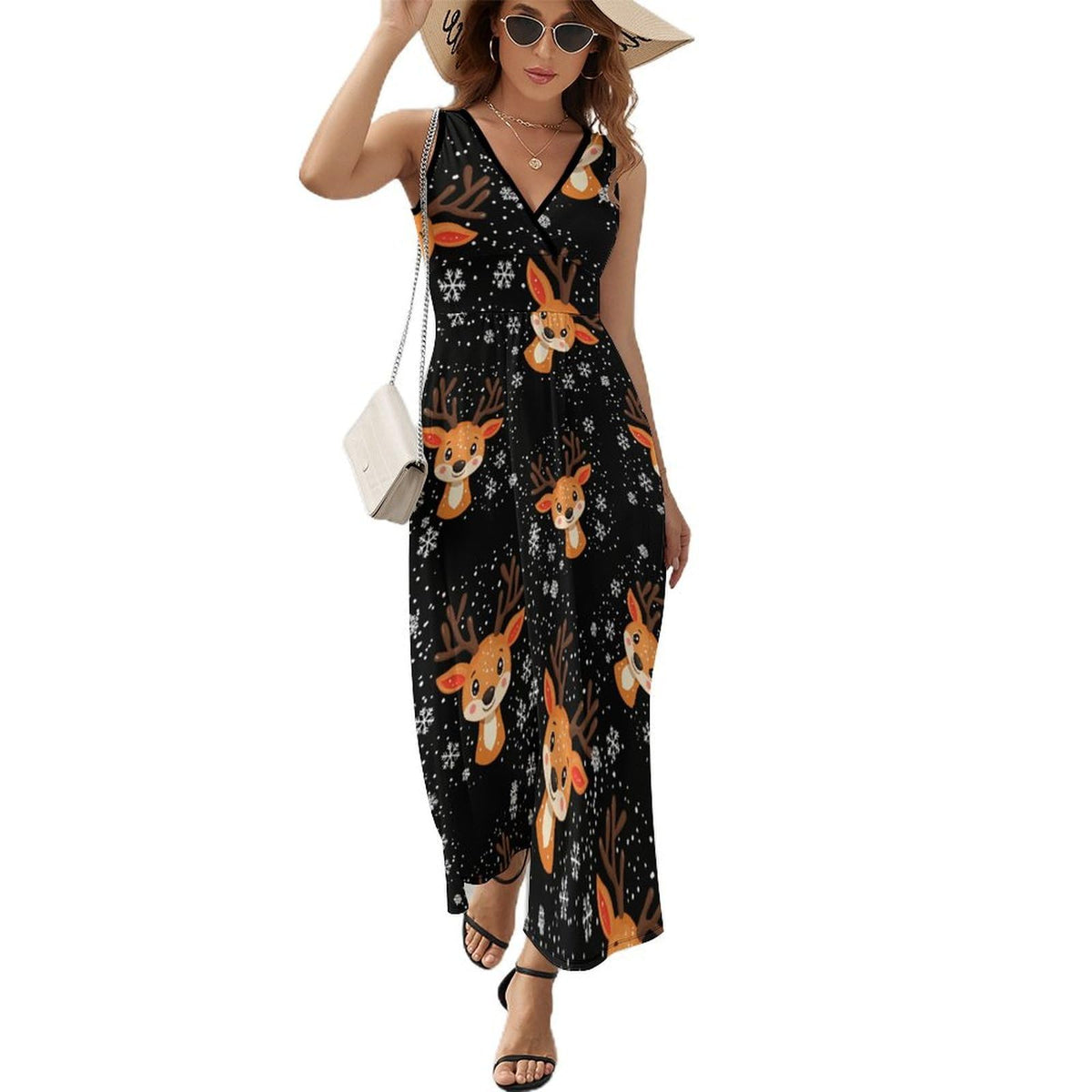 longue maxi femme à motif cerf mignon, sans manches, col en V, style décontracté, idéale pour la plage.
