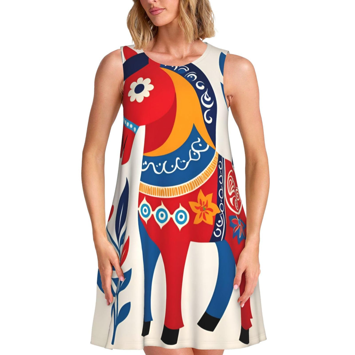 sans manches pour femme à motif floral coloré et cheval, avec 2 poches latérales, coupe trapèze.