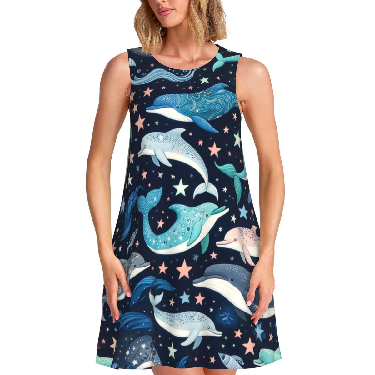 sans manches pour femme avec deux poches latérales, motif dauphins, baleines et étoiles nageuses, coupe trapèze.